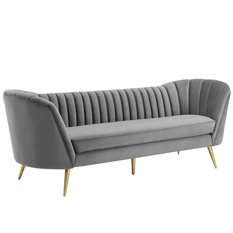 Elegant Gray Velvet Tufted Sofa with Gold Steel Legs