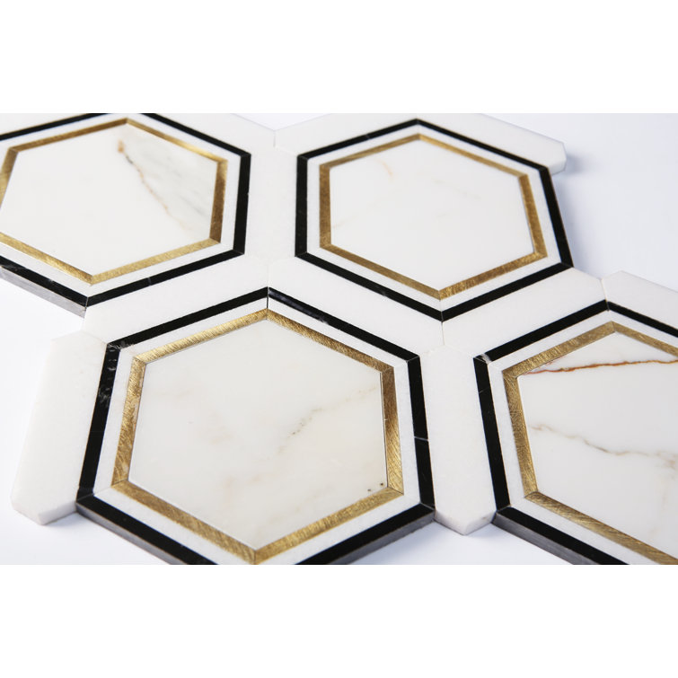 Calacatta Gold and Black Hexagon Mosaic Shower Tile
