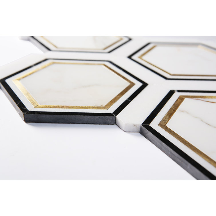 Calacatta Gold and Black Hexagon Mosaic Shower Tile