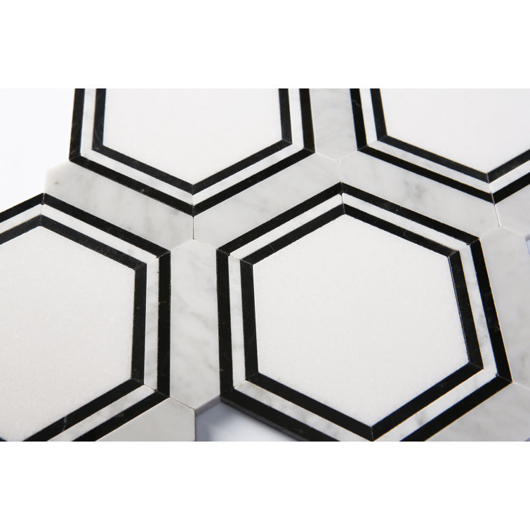 Polished White and Black Marble Hexagon Mosaic Tile