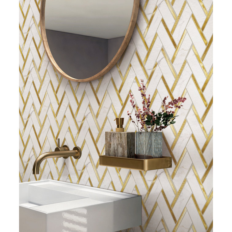 Calacatta Gold and Metal Herringbone Mosaic Wall Tile