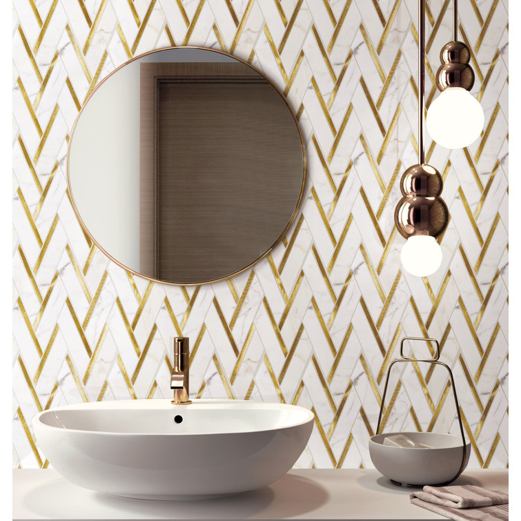 Calacatta Gold and Metal Herringbone Mosaic Wall Tile