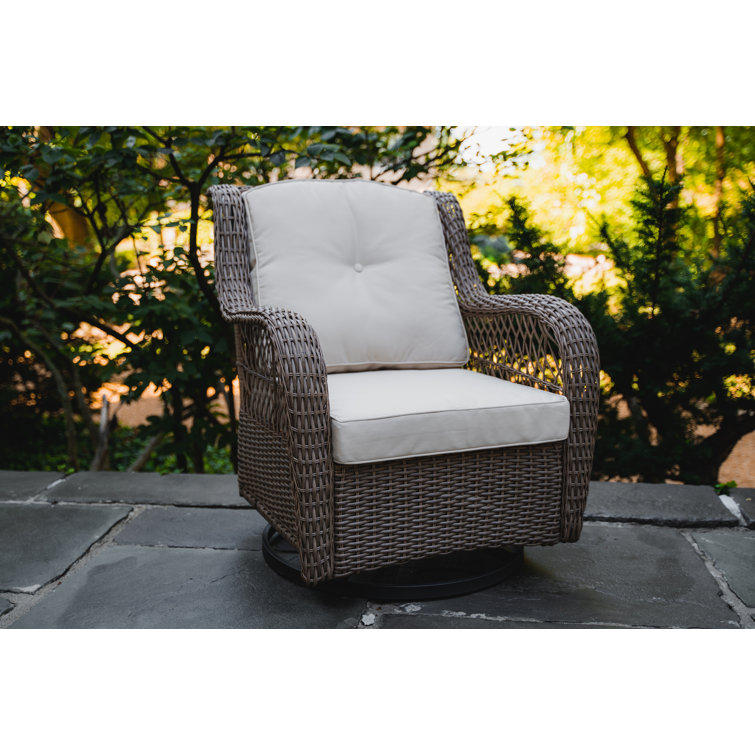 Sandstone Wicker Swivel Glider Armchair with Beige Cushions