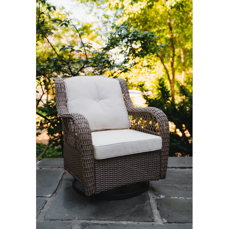 Sandstone Wicker Swivel Glider Armchair with Beige Cushions