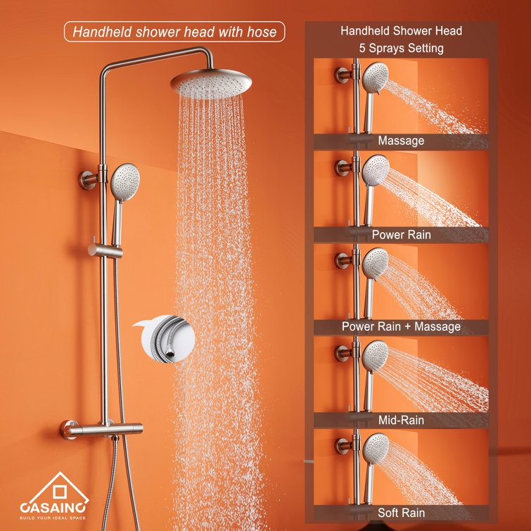 Brushed Nickel Wall Mounted Rain Shower System with Handheld