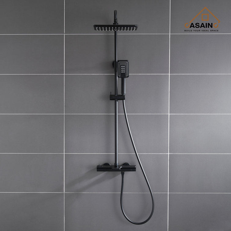 Matte Black Thermostatic Rain Shower System with Handheld