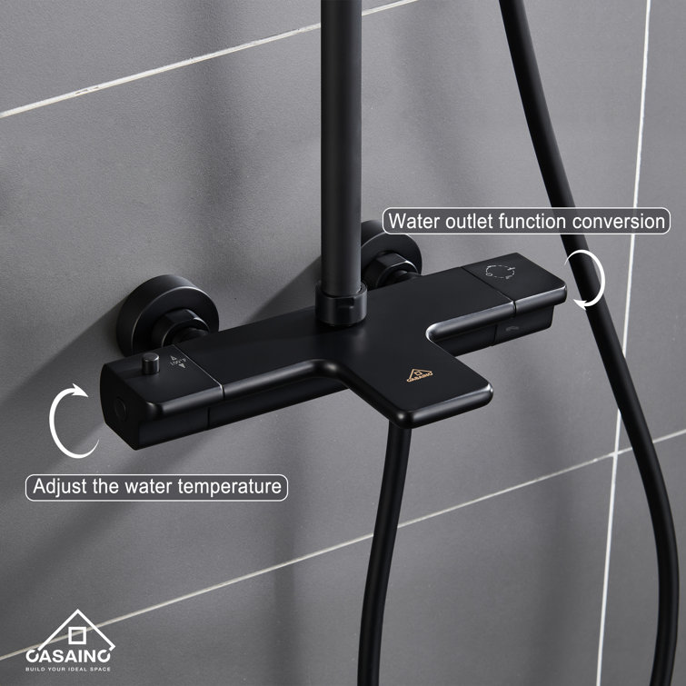 Matte Black Thermostatic Rain Shower System with Handheld