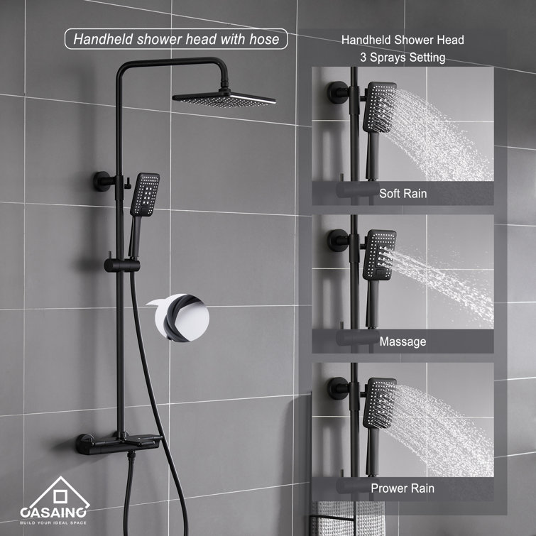 Matte Black Thermostatic Rain Shower System with Handheld