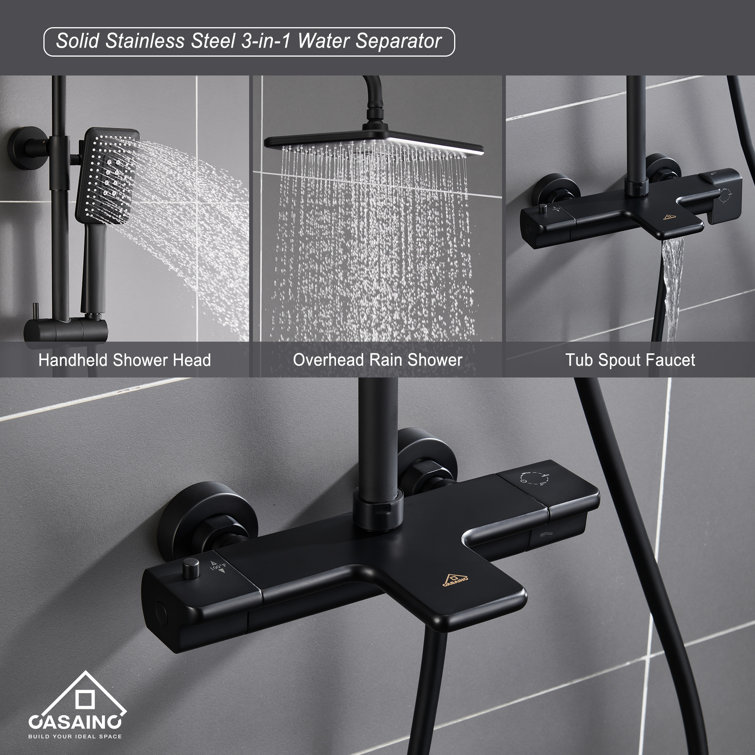 Matte Black Thermostatic Rain Shower System with Handheld