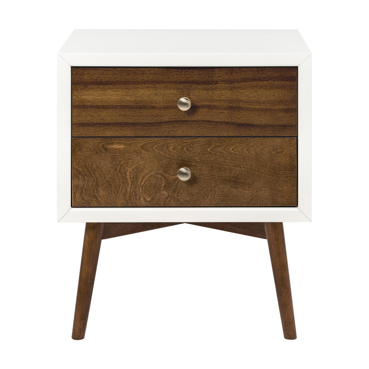 Palma Mid-Century Modern 2-Drawer Warm White/Walnut Nightstand with USB Port