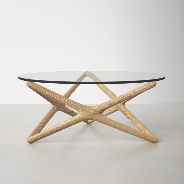 Natural Wood X-Leg Round Glass Coffee Table