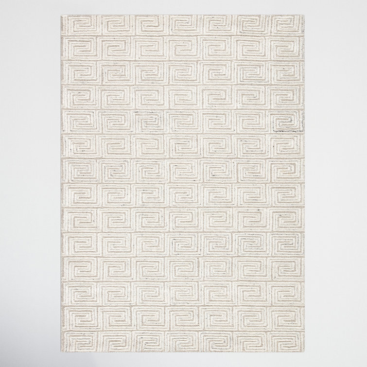 Handmade White and Gray Geometric Wool Rug 9' x 13'