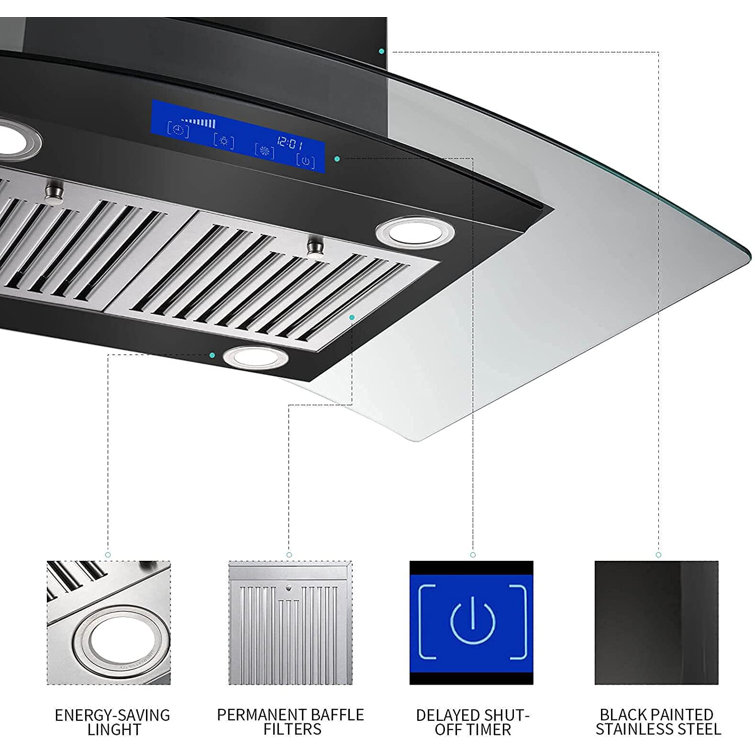 36" Black Stainless Steel Convertible Island Range Hood with Baffle Filter
