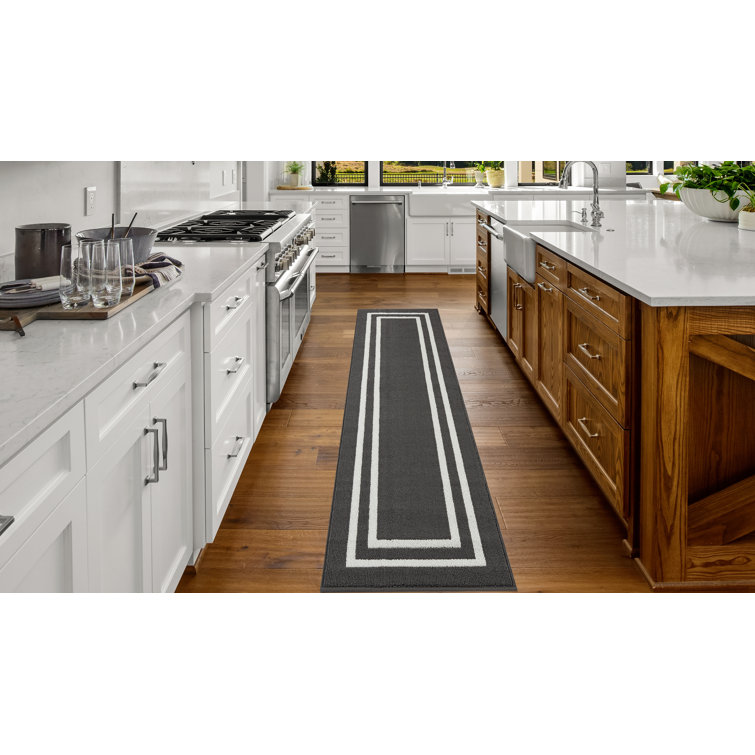 Elegant Dark Grey and White Tufted Runner Rug with Non-Slip Latex Backing