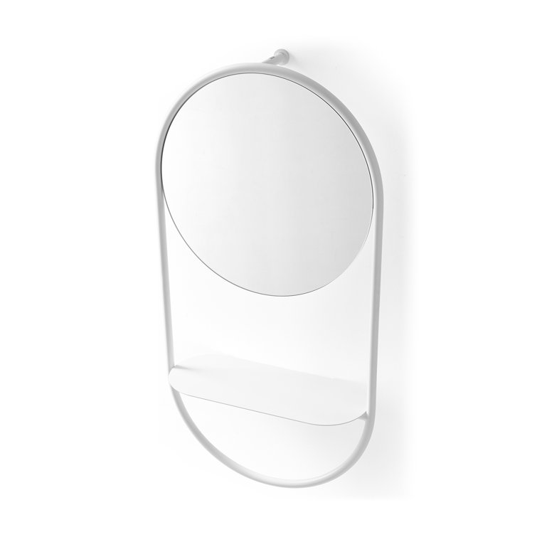 White Round Metal Frame Accent Mirror with Shelf
