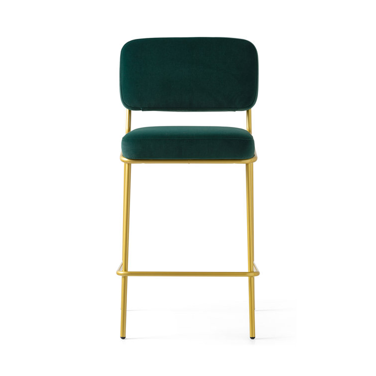 Dark Forest Green Upholstered Counter Stool with Painted Brass Metal Base
