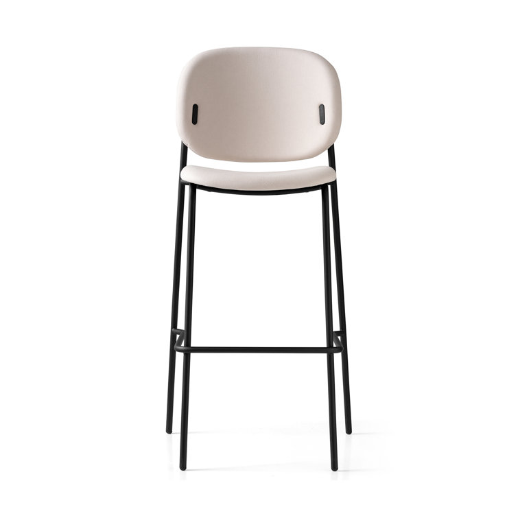 Sand-Toned Square Back Upholstered Bar Stool in Lacquered Metal