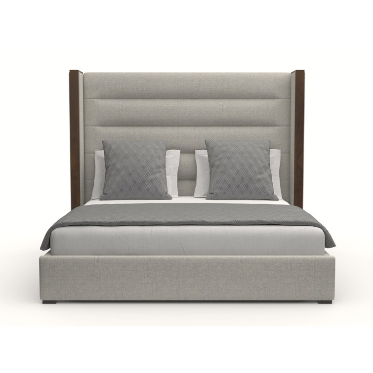 Queen Grey Upholstered Wood Frame Bed with Tufted Headboard