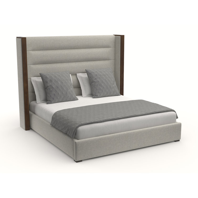 Grey Upholstered Queen Bed with Tufted Headboard and Wood Frame