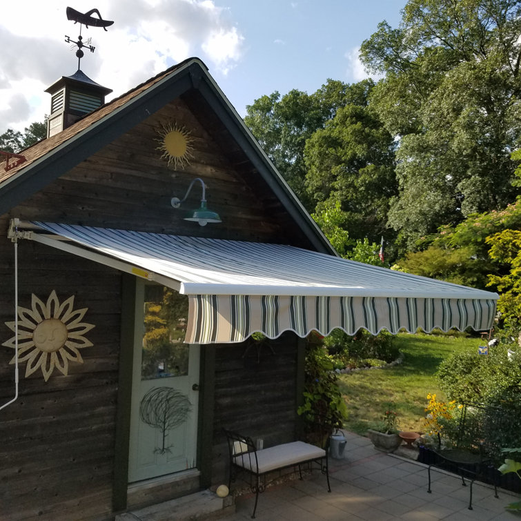 Motorized Gray and White Striped Retractable Patio Awning