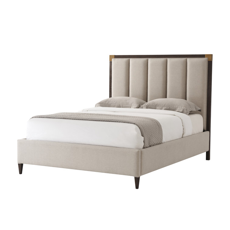 Beige Upholstered Queen Platform Bed with Wood Frame