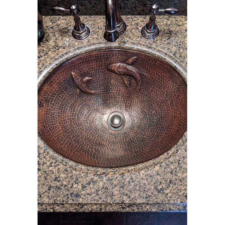 19" Oval Hammered Copper Undermount Sink with Koi Fish Design