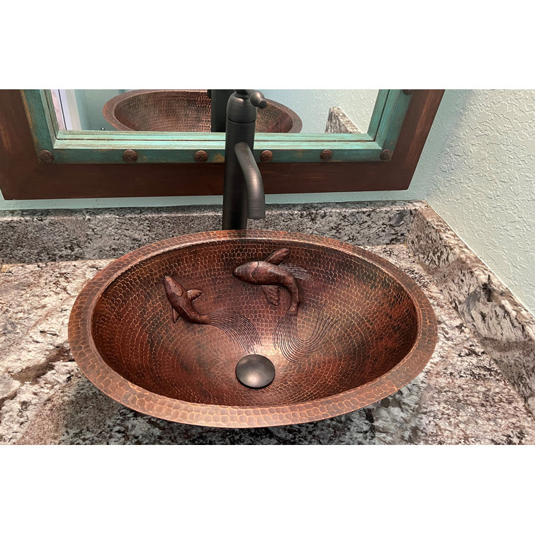 19" Oval Hammered Copper Undermount Sink with Koi Fish Design
