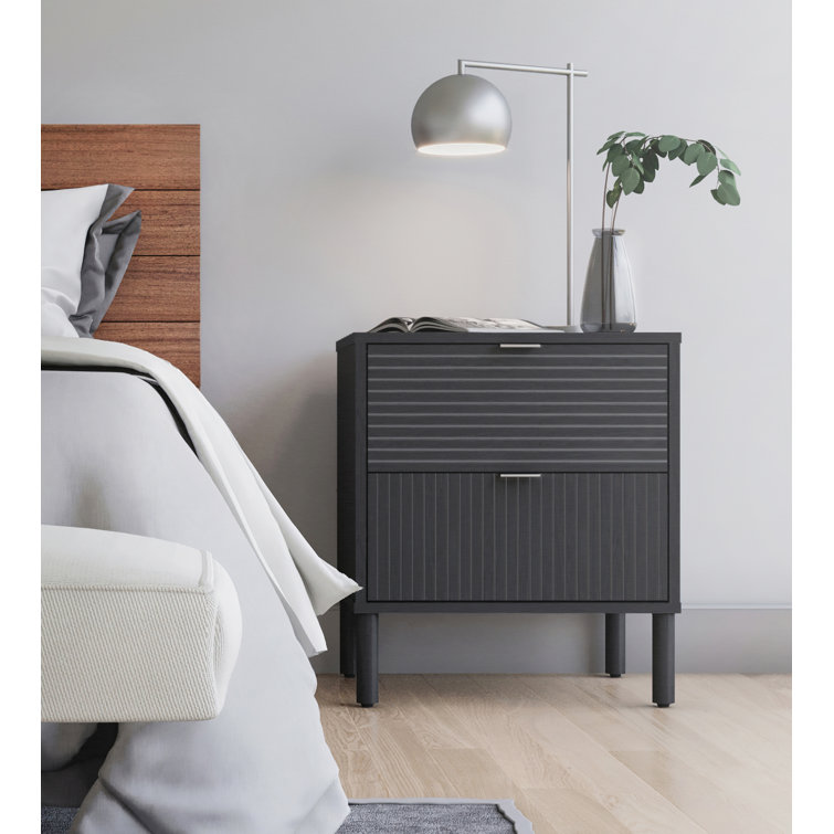 Sango Merk Sleek Black 2-Drawer Nightstand with Groove Detail
