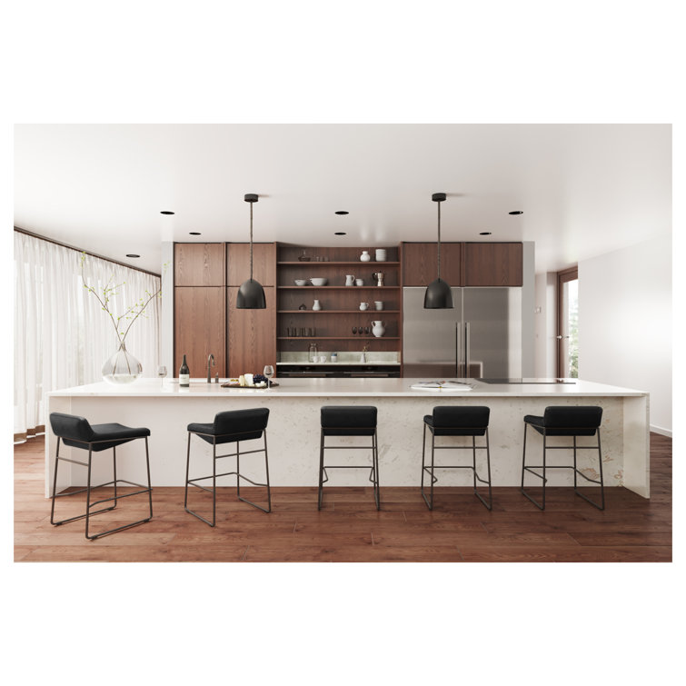 Black Genuine Leather and Iron Saddle Counter Stools, Set of 2