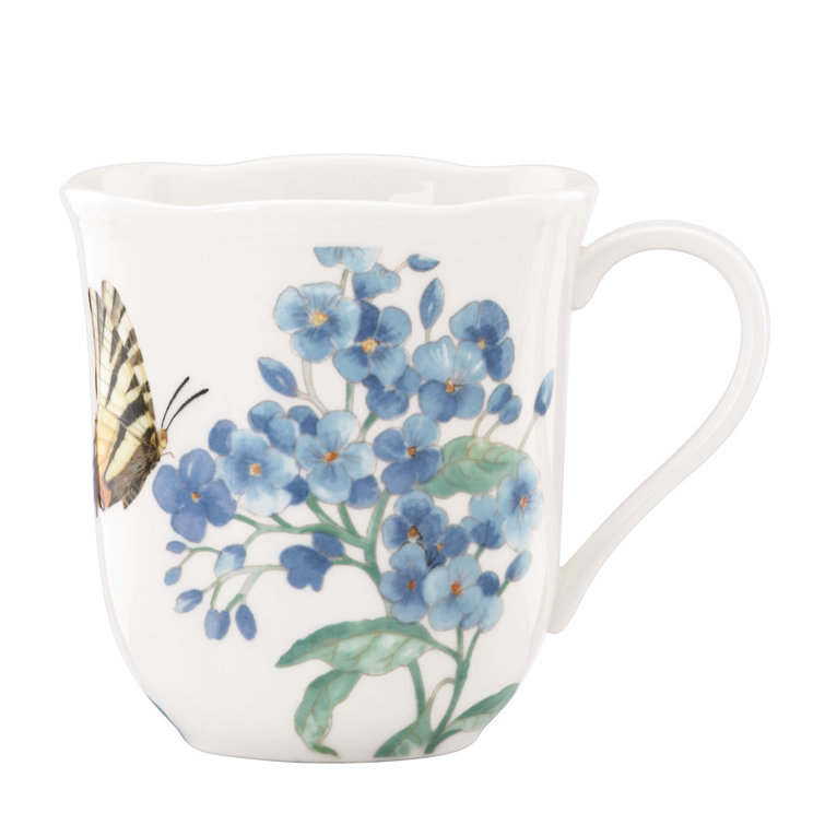 Butterfly Meadow Blue Ceramic Mug Set with Floral Design