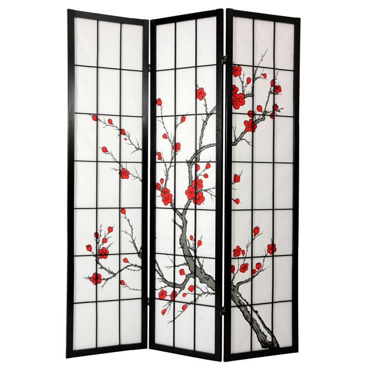 6 Ft Black Shoji Screen with Cherry Blossom Print