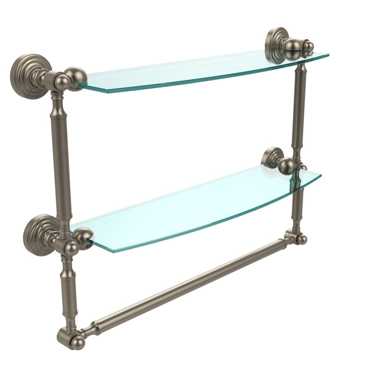 Elegant 18" Antique Pewter and Glass Bathroom Shelf with Towel Bar