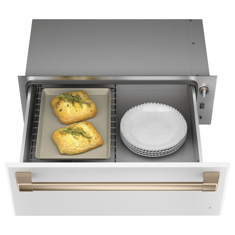 Matte White 30'' Electric Warming Drawer with Brass Handle