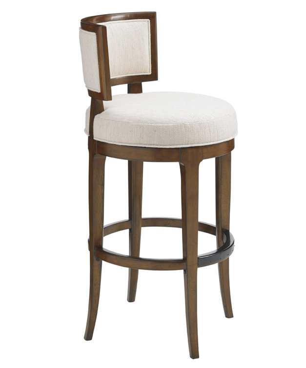 White and Brown Wood Swivel Bar Stool with Upholstered Seat
