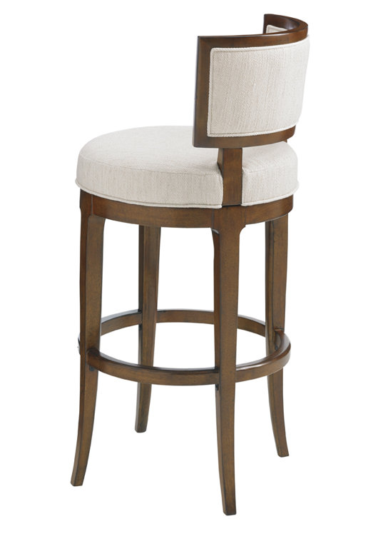 White and Brown Wood Swivel Bar Stool with Upholstered Seat