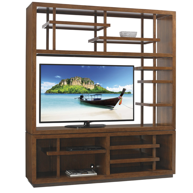 Transitional Brown Wood Media Bookcase with Asymmetrical Shelves