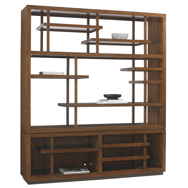 Transitional Brown Wood Media Bookcase with Asymmetrical Shelves