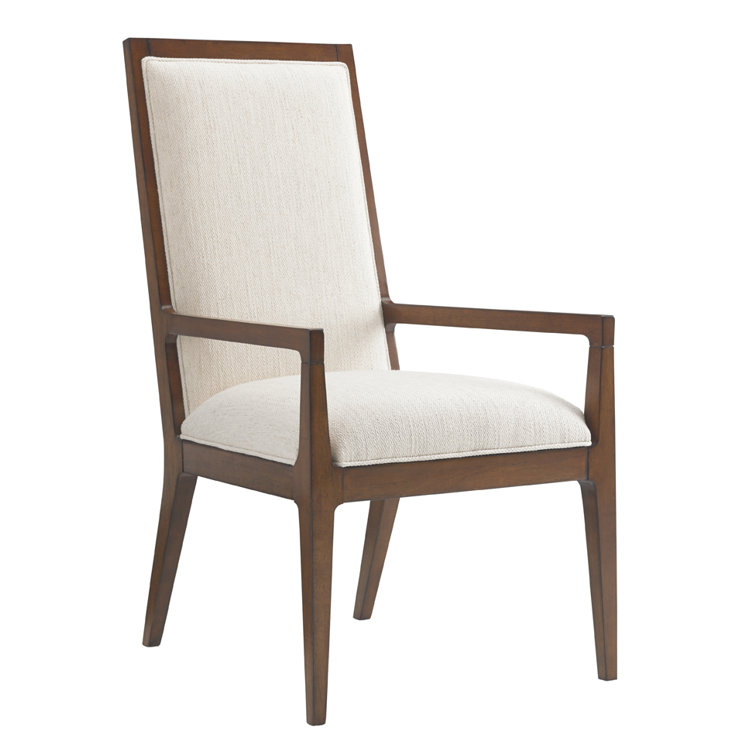 Elegant Transitional Linen-Wood Upholstered Arm Chair in Off-White