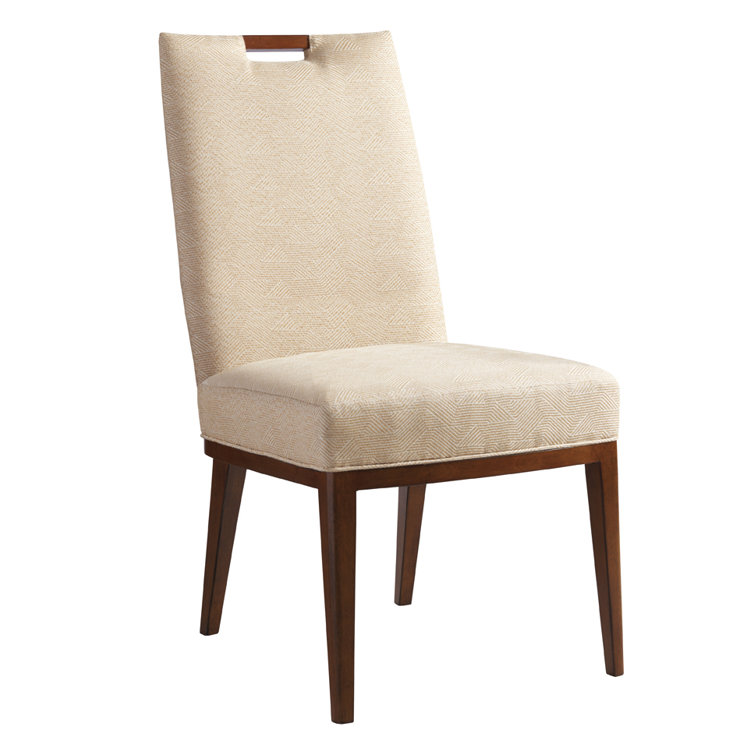 Beige Upholstered Wood Transitional Side Chair with Gold Accents