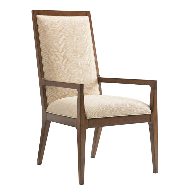 Transitional Beige Leather and Wood Arm Chair with Gold Accents