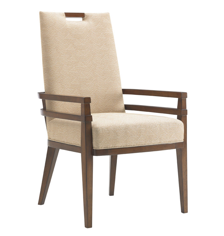 Cresting Waves Beige & Gold Upholstered Wood Arm Chair