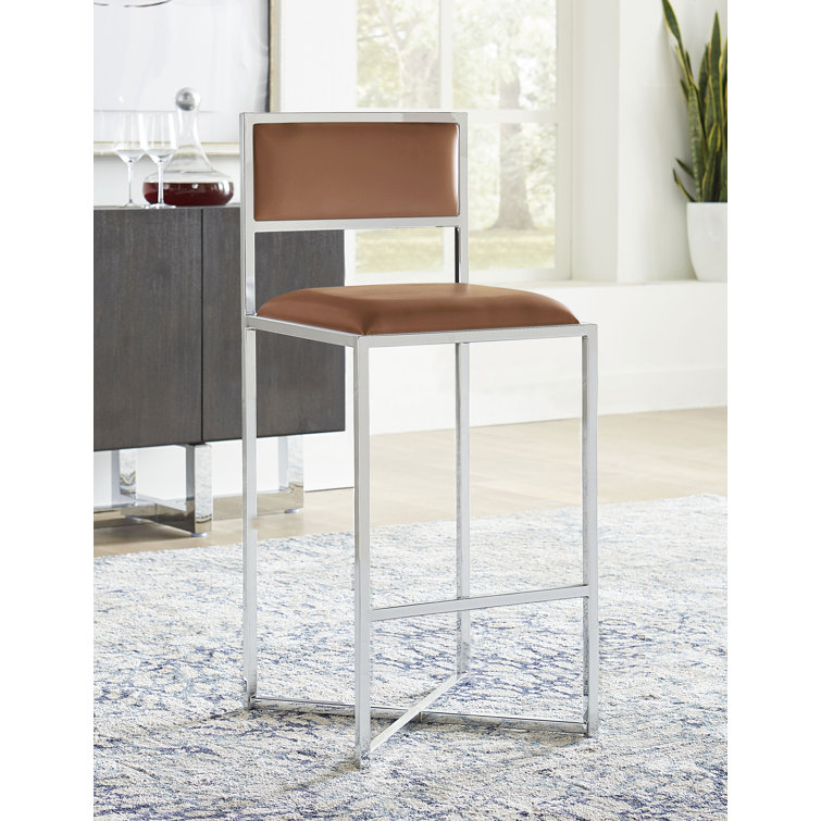 Cognac Faux Leather and Chrome Bar Stool Set