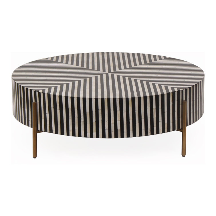 Round Black and White Resin Coffee Table with Bone Inlay