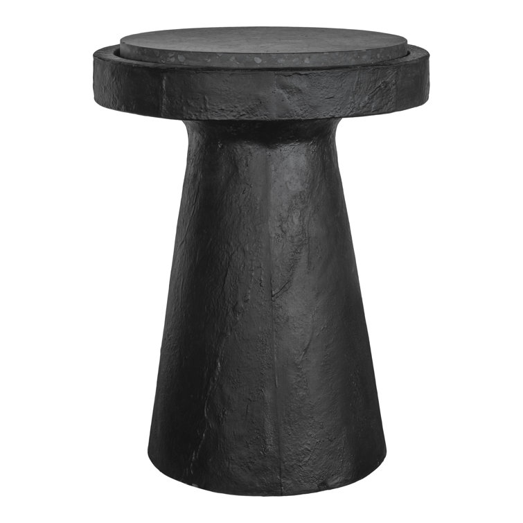 Black Round Stone Pedestal Outdoor Accent Table