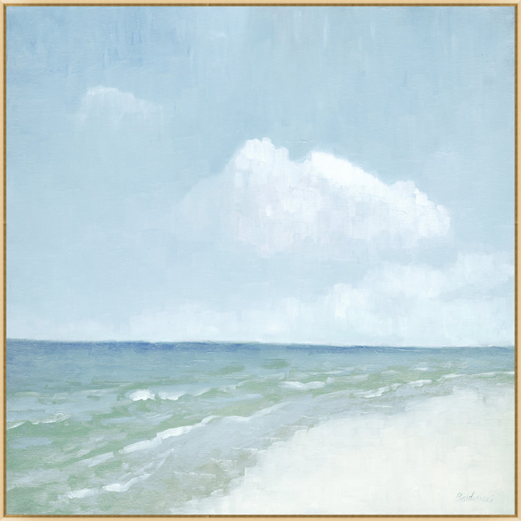 Serene Blue and White Coastal Oil Painting on Canvas with Wood Frame