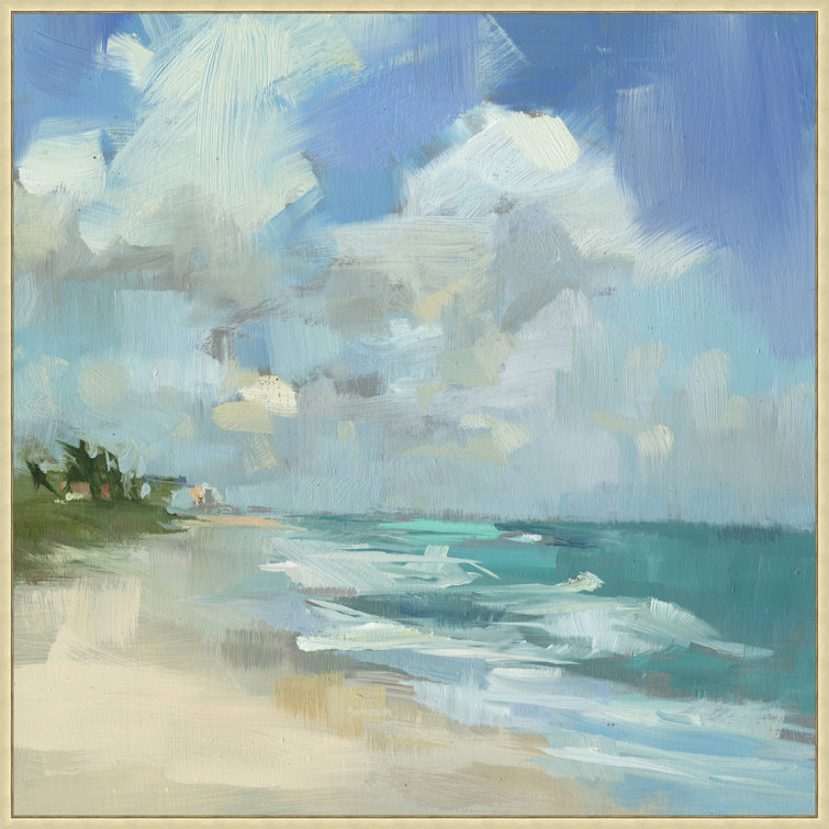 Silver Framed Blue Seaside Oil Painting on Canvas