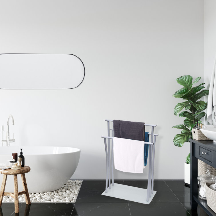 White Metal Freestanding Towel Rack with Glass Base