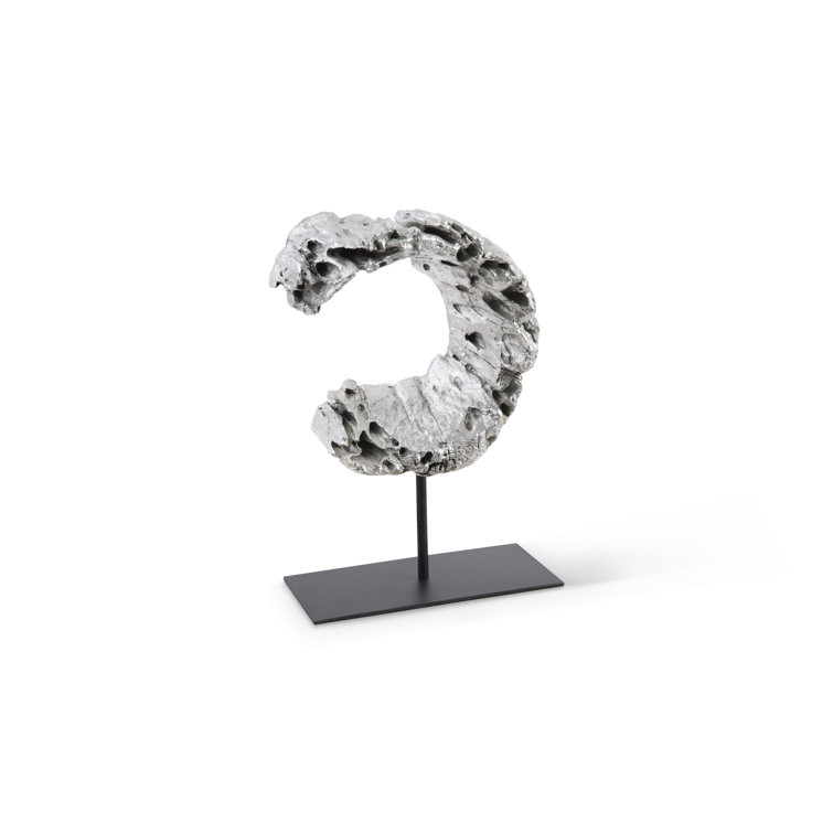 Eroded Silver Leaf & Black Wood Semi-Circle Sculpture on Stand