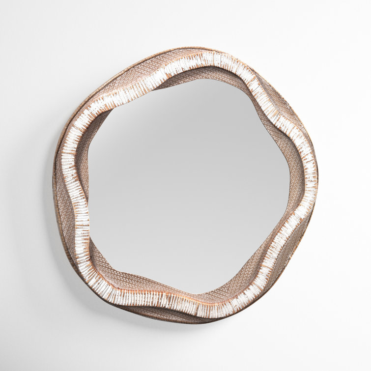 River Organic Round Wood & Rattan Wall Mirror in Cream and Beige