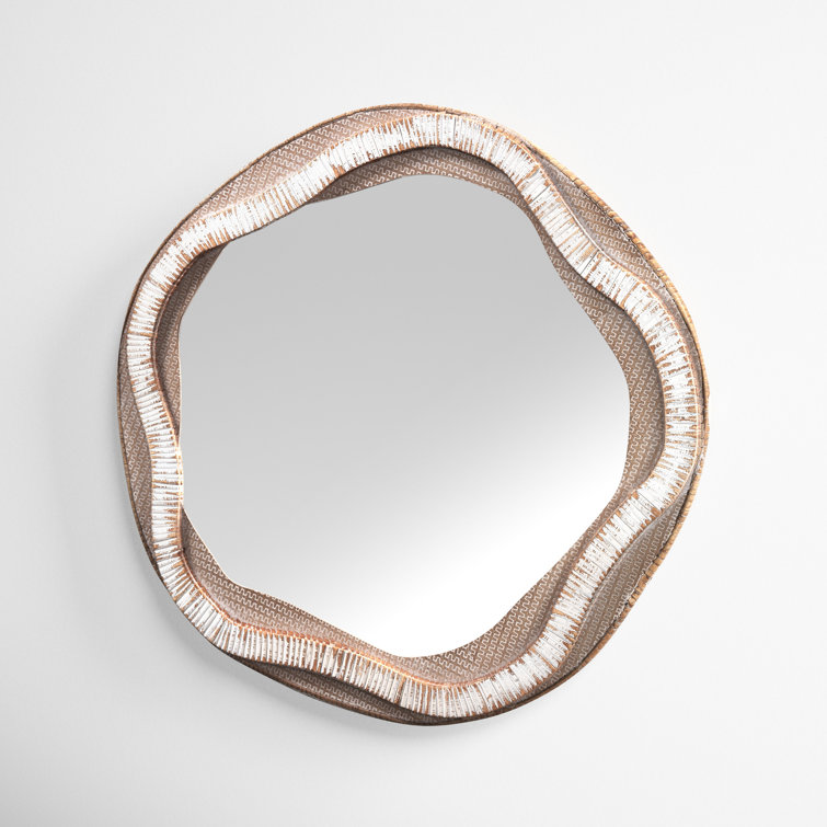River Organic Round Wood & Rattan Wall Mirror in Cream and Beige
